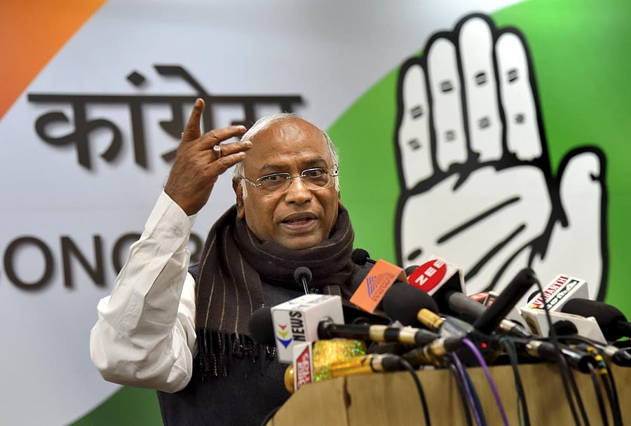 Senior Congress leader Mallikarjun Kharge addresses. (PTI Photo)