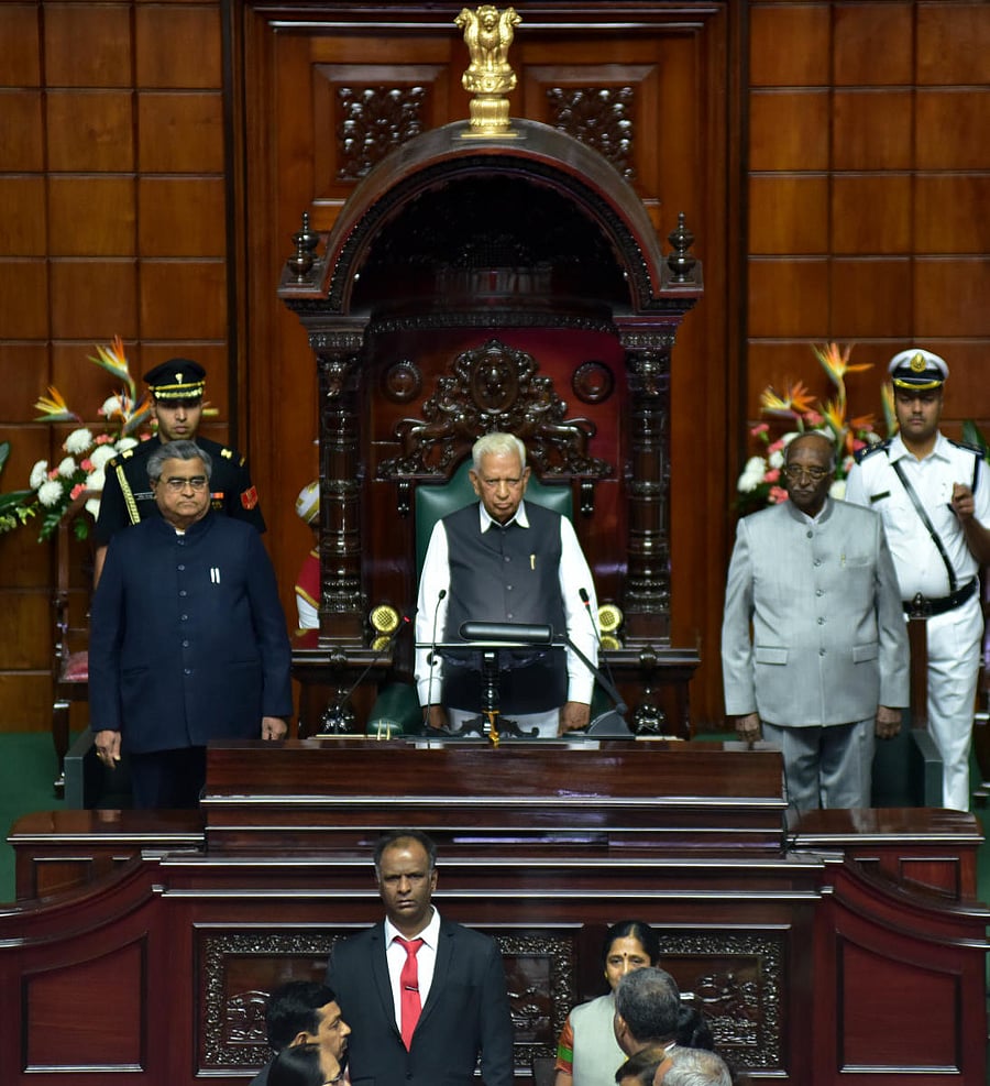 Opposition BJP in Karnataka on Wednesday disrupted Governor Vajubhai Vala's address to the joint sitting of the state legislature here. DH file photo