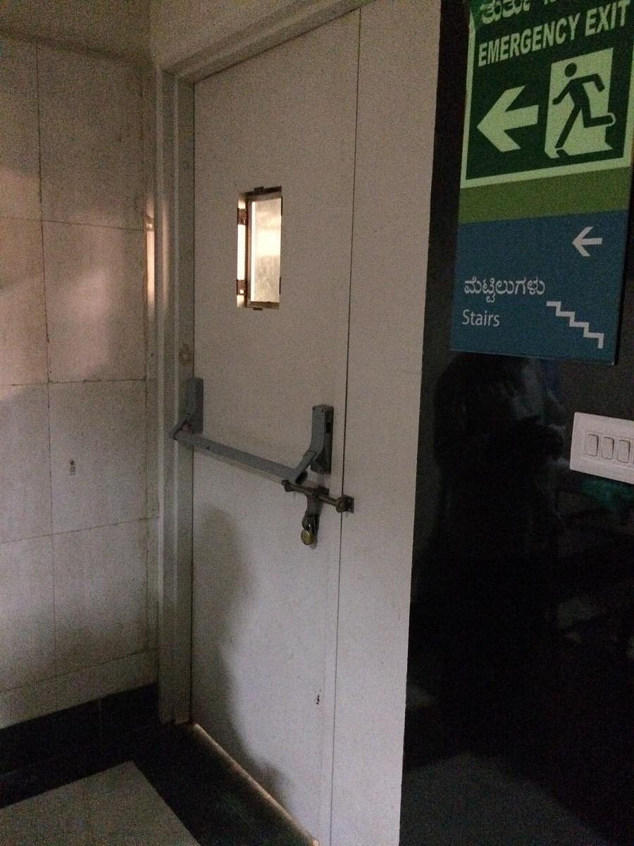 The staircase locked on the second floor inside the PMSSY Hospital building inside the Victoria Hospital.