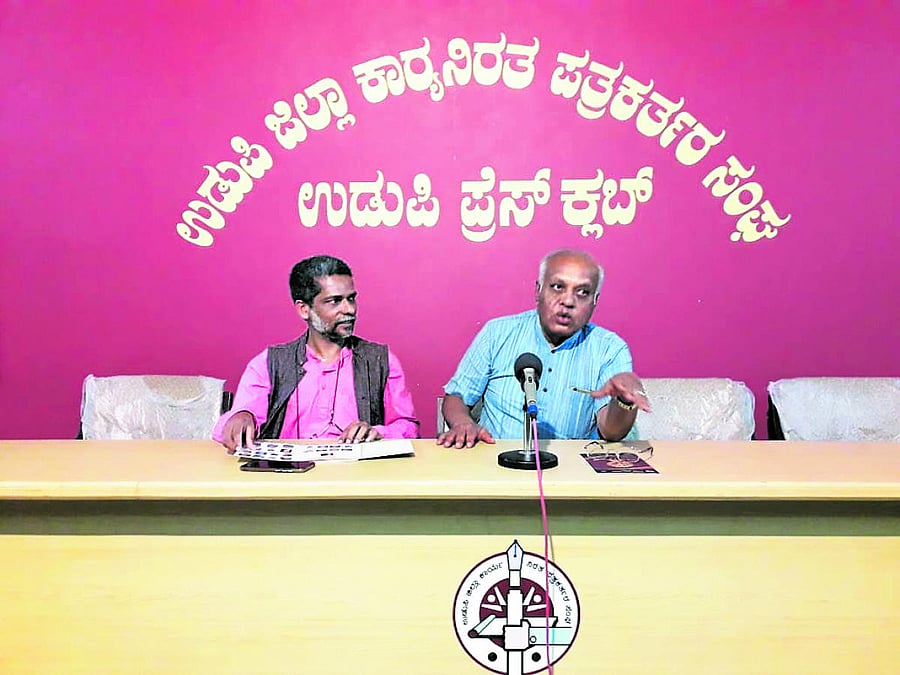 Karnataka Nataka Academy President J Lokesh speaks to mediapersons in Udupi.