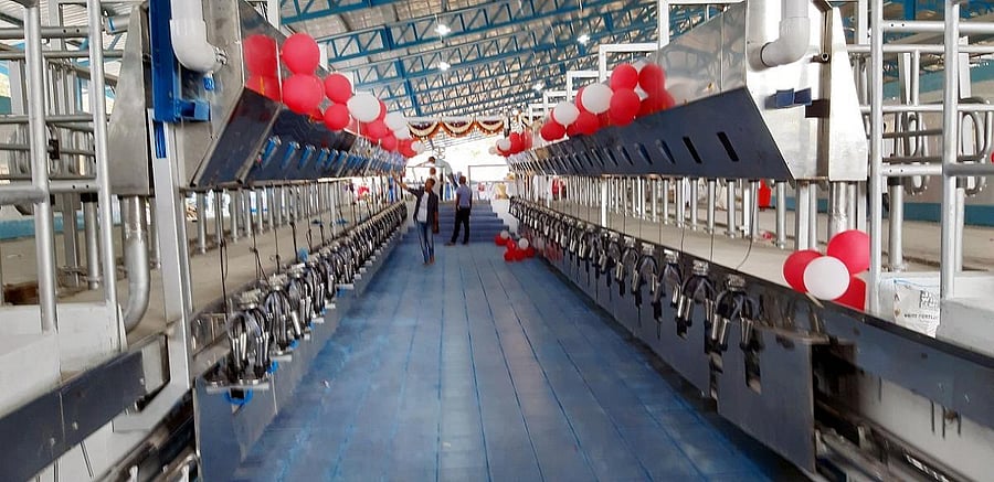 Machines assembled to milk the cows at the mega dairy in Arkalgud, Hassan district.
