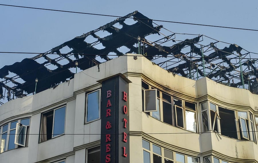 A view of charred remains on the rooftop of Karol Bagh's Hotel Arpit Palace where a massive fire broke out. PTI