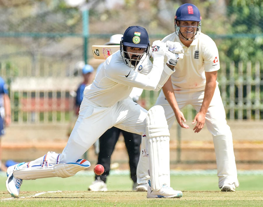 STEADY PROGRESS India A skipper K L Rahul drives one to the fence during his 81 against England Lions on the opening day of the four-day match in Mysuru on Wednesday. DH Photo/ Savitha B R