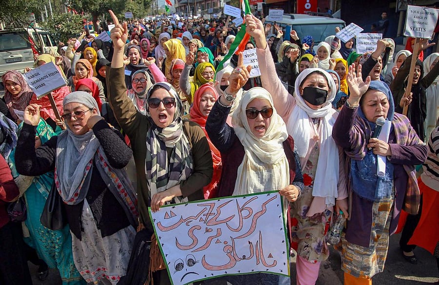 Residents of Kargil district raise slogans during a protest against Leh being made the permanent headquarters of the newly created Ladakh division, in Jammu, Monday, Feb. 11, 2019. (PTI Photo)