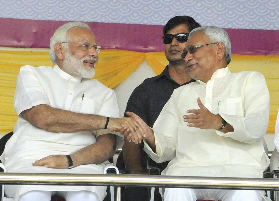 Though both of them have attended several government functions together, this will be the first time in the last ten years when Nitish and Modi will address an election rally together. PTI file photo