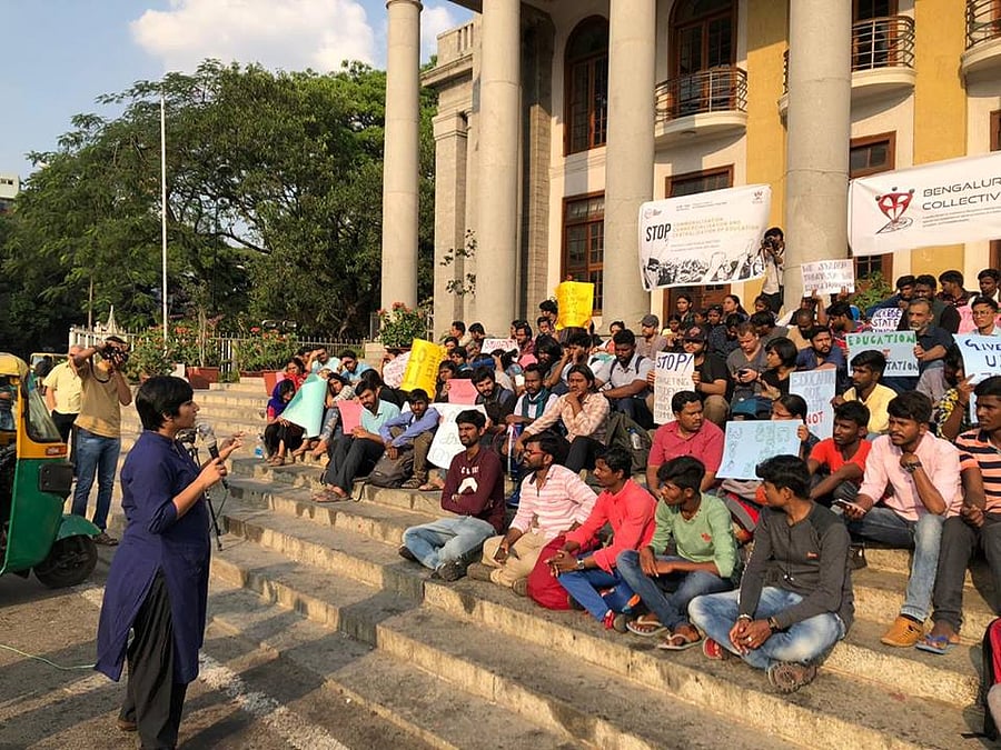 Neenu Suresh, a research scholar of National Law School (NLS) and a member of the Bengaluru Collective addressing the protesters. Event was organized by The Student Outpost and the Bengaluru Collective at Town Hall in Bengaluru on Saturday evening.