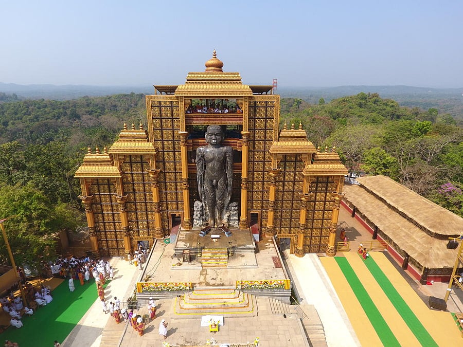 A view of Mahamastakabhisheka of Bhagwan Bahubali clicked from a drone camera at Dharmasthala on Sunday.