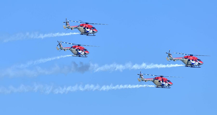 The Sarang team performs during the full-dress rehearsal for Aero India 2019 at the Yelahanka airbase in Bengaluru on Monday. DH PHOTO/Janardhan B K