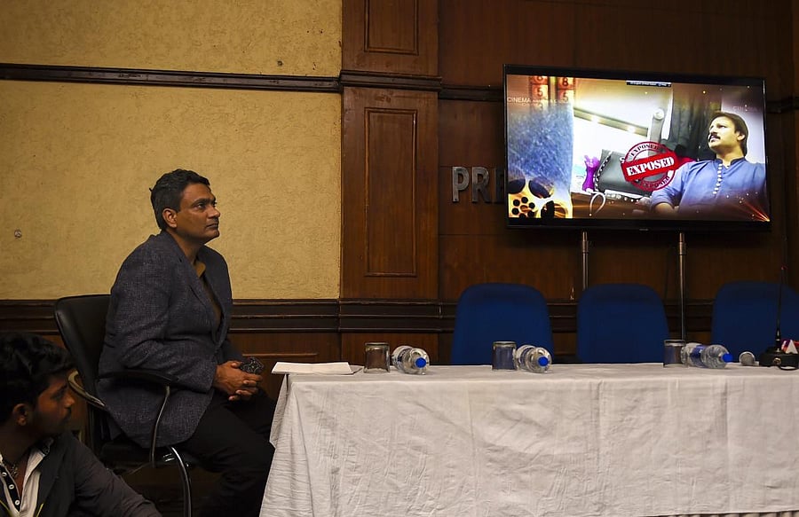 Cobrapost editor Aniruddha Bahal addresses a press conference, in New Delhi, Tuesday, Feb. 19, 2019. (PTI Photo)