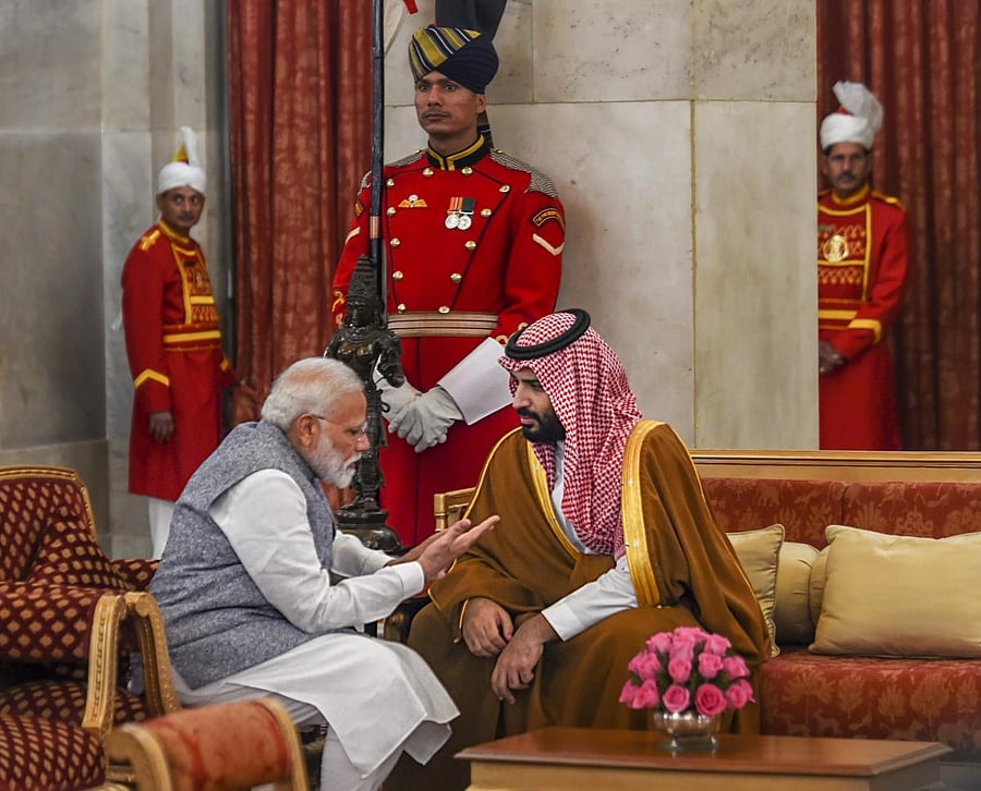 Prime Minister Narendra Modi with Saudi Arabia's Crown Prince Mohammad bin Salman during a banquet at the Rashtrapati Bhavan in New Delhi on Feb 20, 2019. PTI