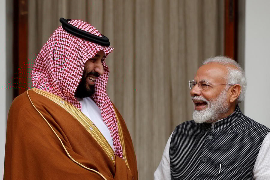 Saudi Crown Prince Mohammed bin Salman and Indian Prime Minister Narendra Modi meet at Hyderabad House in New Delhi on Wednesday. (REUTERS)