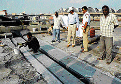 never-ending saga: Repair works on Sirsi Circle flyover are in progress for the past 10 days. dh Photo