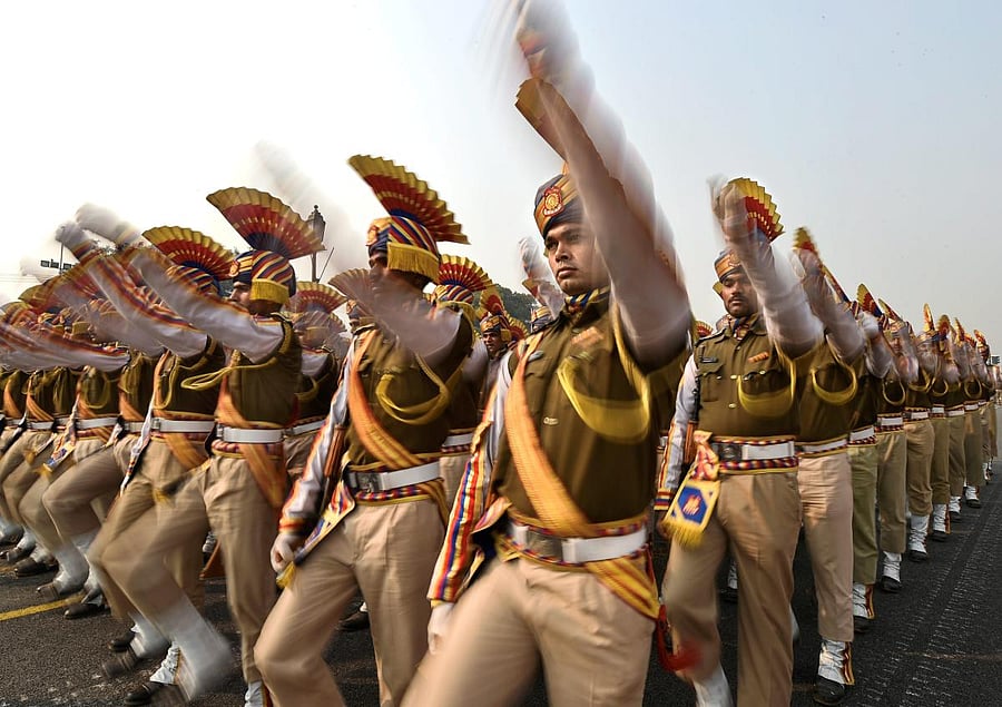Central Reserve Police Force (CRPF) personnel march during the rehearsals for the upcoming Republic Day parade 2019 on a cold morning, at Rajpath in New Delhi, Thursday, Jan. 17, 2019. PTI.