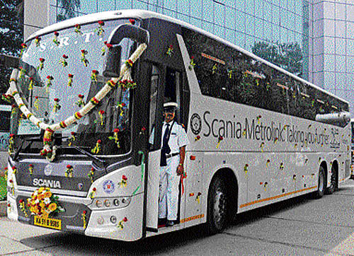 New addition: A Scania Metrolink bus that started its trial run for KSRTC, in Bangalore on Monday. DH PHOTO