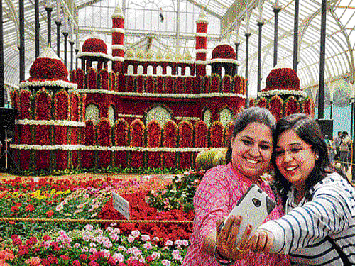 say rose! Visitors take a selfie in front of a flower model of the Red Fort at the Republic Day flower show organised by the Department of Horticulture and Mysore Horticultural Society at the Glass House in Lalbagh. (Below) A floral replica of the guitar on display. dh Photos