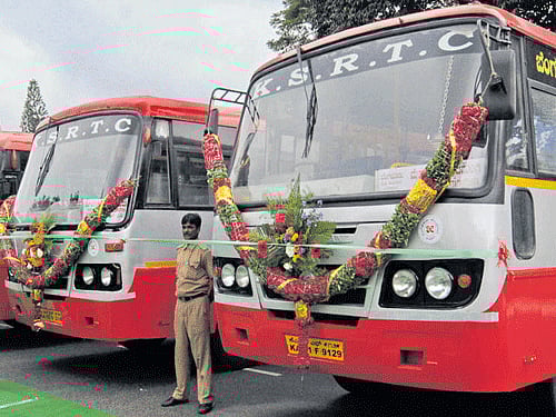 The bio-buses that were launched by KSRTC in the City on Friday. DH PHOTO