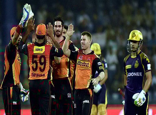 Sunrisers Hyderabad bowler Ben Cutting with team mates celebrate the wicket of KKR's batsman Gautam Gambhir during the IPLT20 eliminator match at Feroz Shah Kotla in New Delhi on Wednesday. PTI Photo