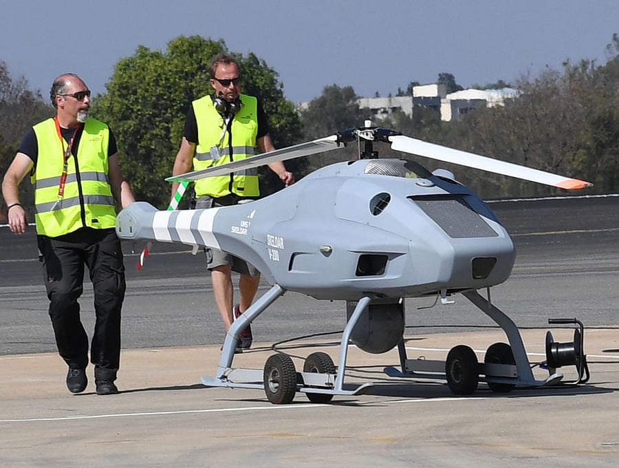 SKELDAR V-200, a remotely piloted aerial system at Aero India 2017 at Yelahanka Air Force Station on Monday.