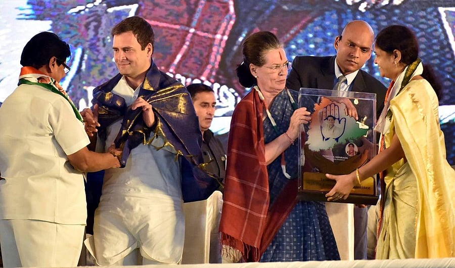 Congress President Rahul Gandhi and Sonia Gandhi being welcomed at an election rally in Medchal, Telangana, Friday, Nov 23, 2018. (PTI Photo)