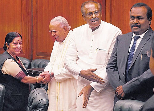 External Affairs Minister Sushma Swaraj meets leaders from the Tamil National Alliance in New Delhi on Friday. PTI  photo
