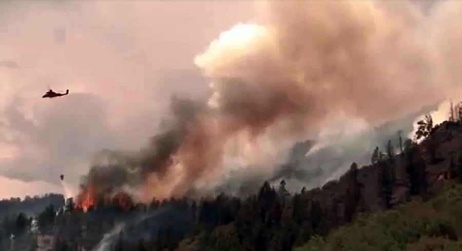 Video grab of the fire department extinguishing the wildfire in Bandipur forest area from a helicopter.