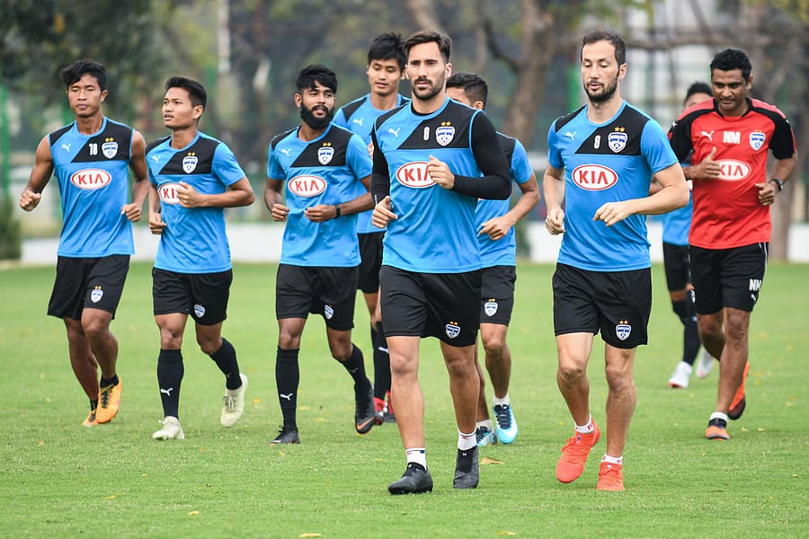 Bengaluru FC players train at the Tata Football Academy on the eve of their clash against Jamshedpur FC.