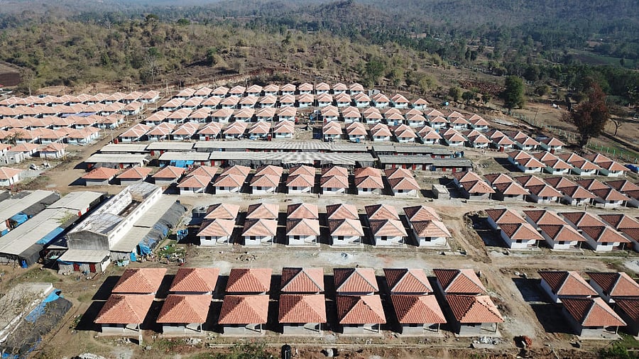 An aerial view of the newly constructed houses in Basavanahalli rehabilitation site near Kushalnagar.