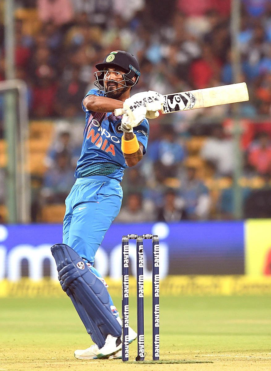 BACK WITH A BANG K L Rahul pulls one to the fence during his 26-ball 47 against Australia in Bengaluru on Wednesday. DH Photo/ Srikanta Sharma R