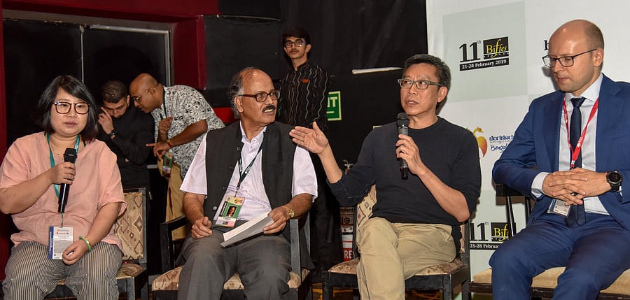 (From Left) Chen Rui Rui (screenwriter), The Rib (China), Artistic Director for the BIFFes , Derek Chin, Director (No. 1 Chung Ying Street), (Hong Kong), Damian Irzyk, Consul General of Poland in Bangalore, Dana Krush, Consul General of Israel in Bangalor
