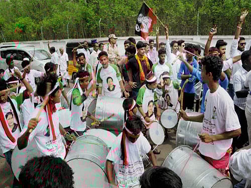 AIADMK supporters celebrate their win in Tamil Nadu elections in Coimbatore on Thursday. PTI Photo