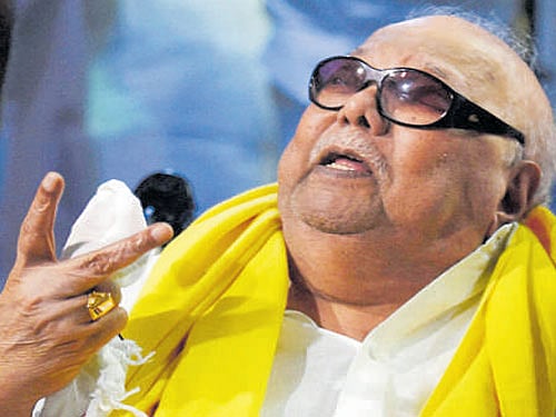 DMK Chief M Karunanidhi speaks to media persons in Chennai on Friday. PTI