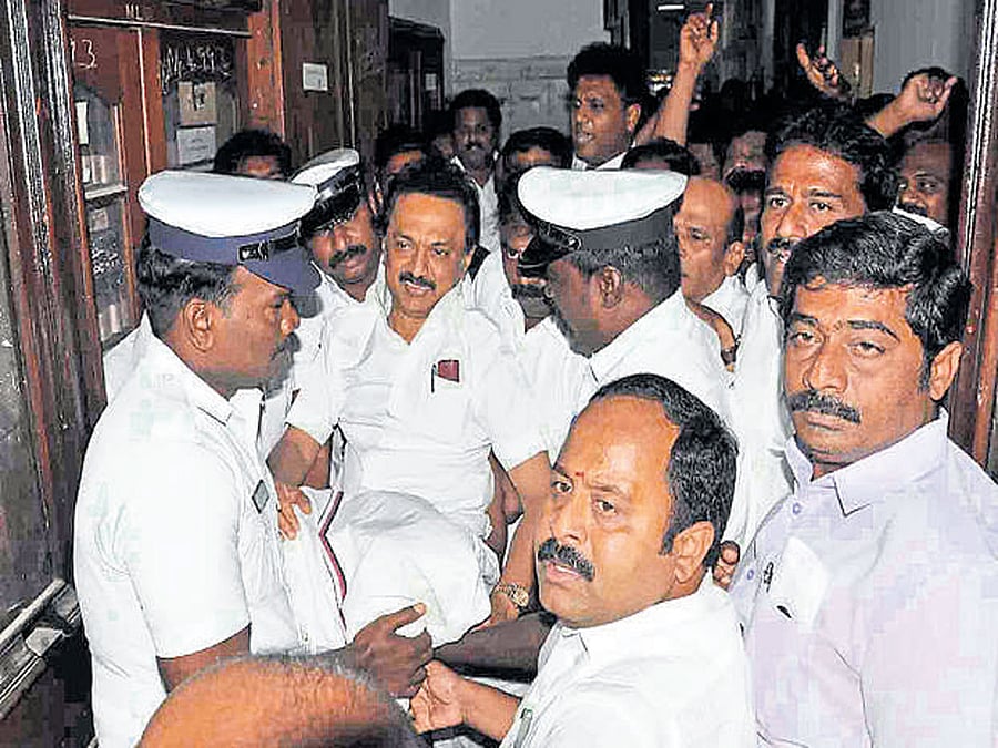 DMK leader M K Stalin was forcibly taken away from the TN Assembly hall on Wednesday. DH photo