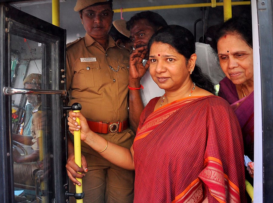 DMK President M Karunanidhi's daughter and party MP Kanimozhi is detained after a protest outside a ration shop against state government demanding adequate supply of commodities, in Chennai on Monday. PTI Photo