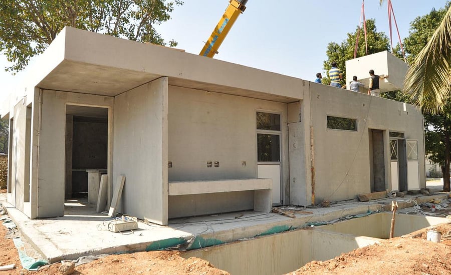 The works of Indira Canteen being taken up at DHO office premises, in Mandya.