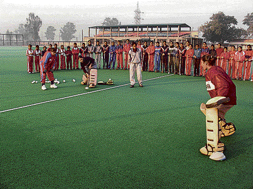 Girls practise at the hockey academy at Shahbad in Haryana.