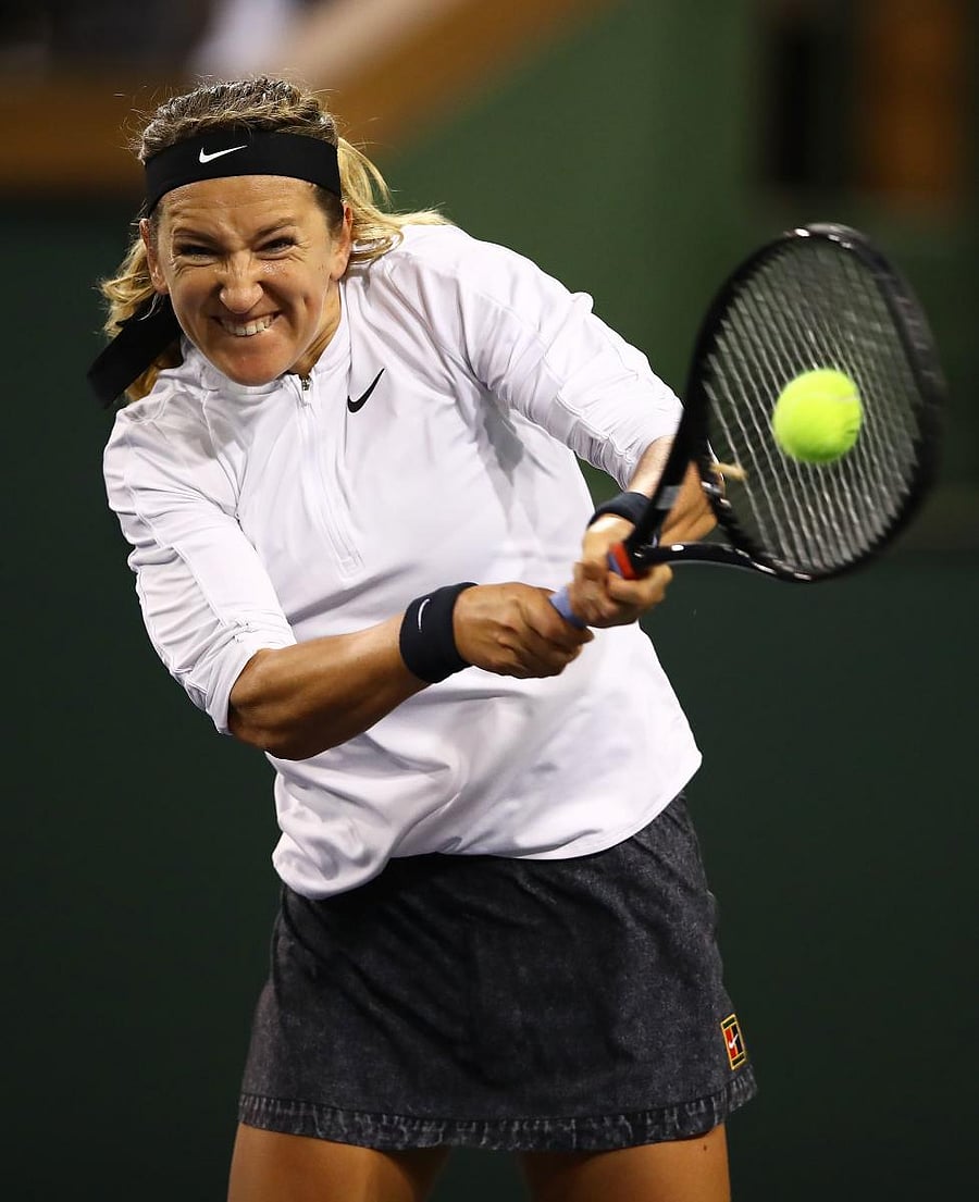 FIERCE: Victoria Azarenka of Belarus returns during her win over Vera Lapko of Belarus. AFP