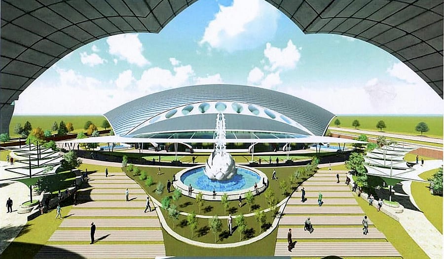 Architecture design of the Passenger Terminal Building, approved by Ministry of Home Affairs, to be constructed for the Kartarpur corridor, in Gurdaspur on Saturday. PTI photo