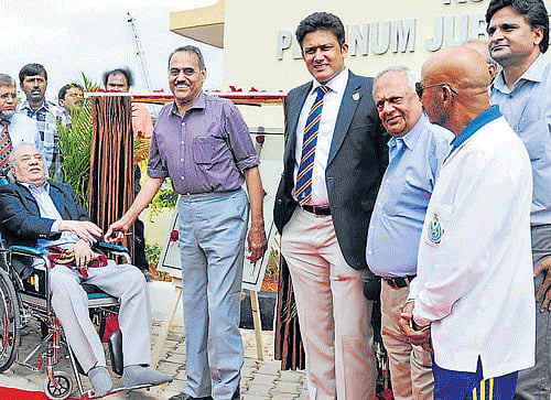 platinum starcast: Former KSCA president KM Ramprasad (extreme left) along with BS Chandrashekar, Anil Kumble, EAS Prasanna, Javagal Srinath and Syed Kirmani at the inauguration of the Platinum Jubilee Pavilion at Alur on Tuesday.