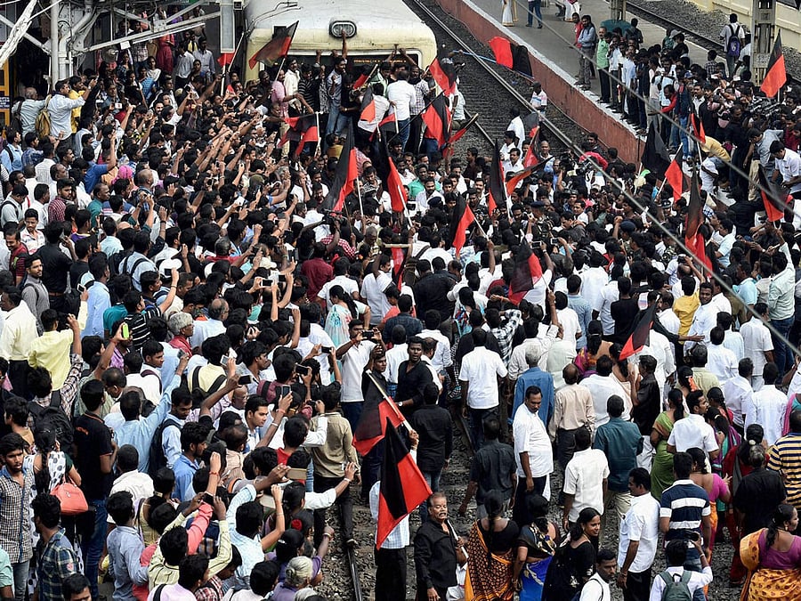 Dravida Munnetra Kazhagam (DMK) working President MK Stalin along with party MLAs and other functionaries stage a rail roko at the Mambalam Railway station demanding to lift the ban on Jallikattu and impose ban on PETA, in Chennai on Friday. PTI Photo