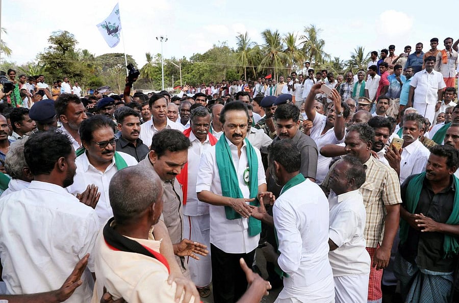 DMK Working President MK Stalin during the second day of mega rally which cover the Cauvery basin region of Tamil Nadu, seeking immediate constitution of a Management Board, in Thanjavur. PTI Photo