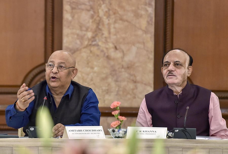 BCCI acting Secretary Amitabh Choudhary and BCCI acting President CK Khanna (R) at the board's Special General Meeting (SGM), in New Delhi. PTI