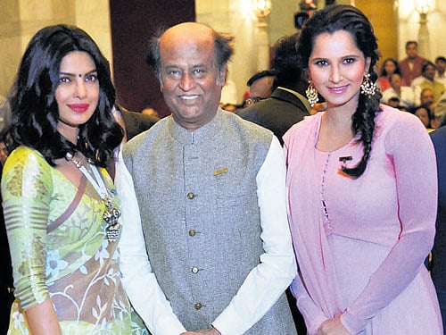 Priyanka Chopra, Rajinikanth, Sania Mirza during Padma Awards 2016 function at Rashtrapati Bhavan in NewDelhi on Tuesday. PTI