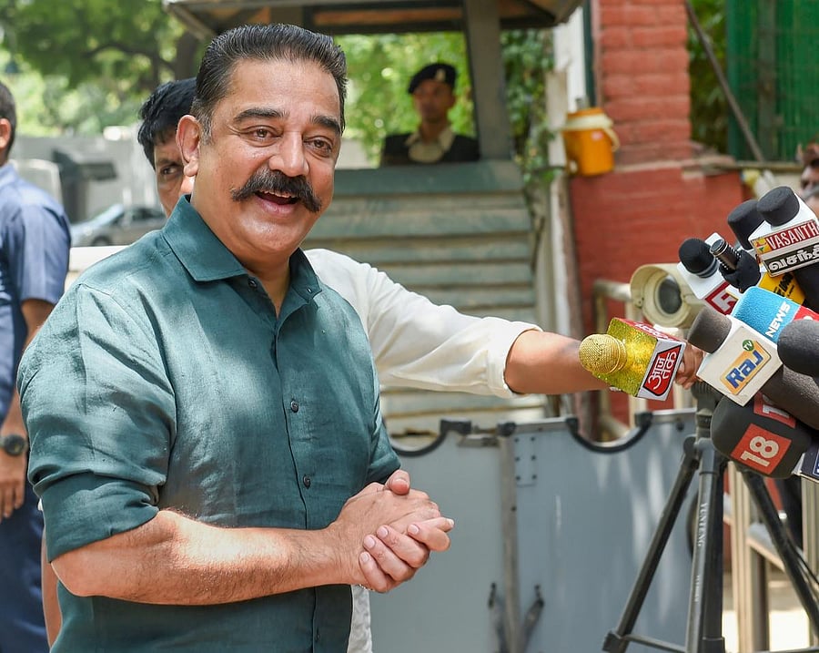 Makkal Needhi Maiam President Kamal Haasan addresses the media after meeting UPA Chairperson Sonia Gandhi. PTI photo.
