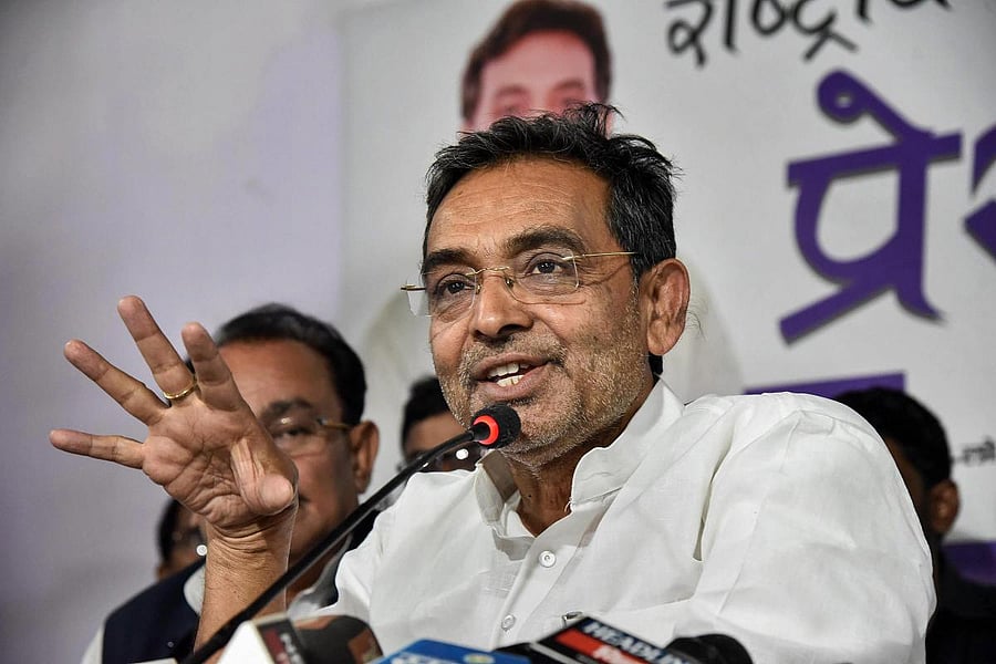 Rashtriya Lok Samata Party Chief (RLSP) Upendra Kushwaha addresses a press conference, in Patna. (PTI Photo)