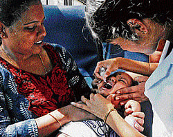 healthcare: A volunteer administers the pulse polio vaccination to a child at Vasanthnagar bus stop in the City on Sunday. dh photo