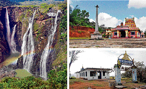 Casting a spell: To catch the falls (left) in full glory, Monsoon is the best time to pay a visit. A fair takes place at the Chowdeshwari Temple (top) at nearby Kargal during Navaratri, drawing many visitors and devotees. The ancient temple of Goddess Chamundeshwari (above), whose idol has two faces, and said to be donated by the Mysore rulers is another place to visit. Photos by the author