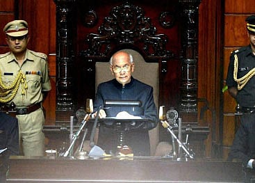 Governor HR Bhardwaj addressing the joint session of the assembly at Vidhan Soudha in Bengaluru on Wednesday. PTI Photo