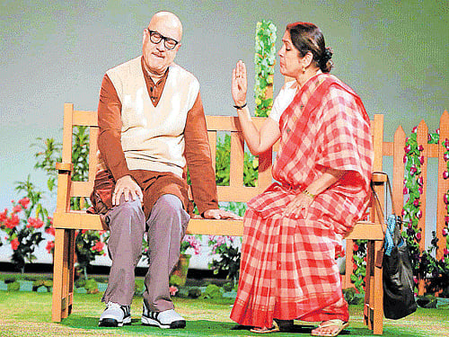 Actors Anupam Kher and Neena Gupta in a play.