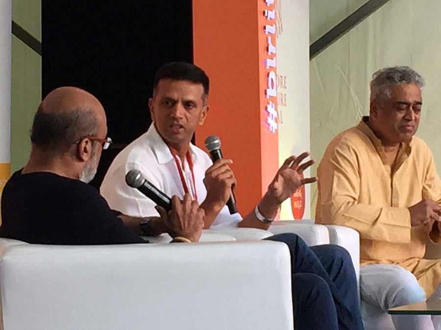 Day two of the Bangalore Literature Festival 2017 was kicked off by cricketing greats from Karnataka - Rahul Dravid, B S Chandrasekhar, E A S Prasanna and Syed Kirmani launching journalist Rajdeep Sardesai's book 'Democracy XI'. Picture courtesy Twitter @nagarjund