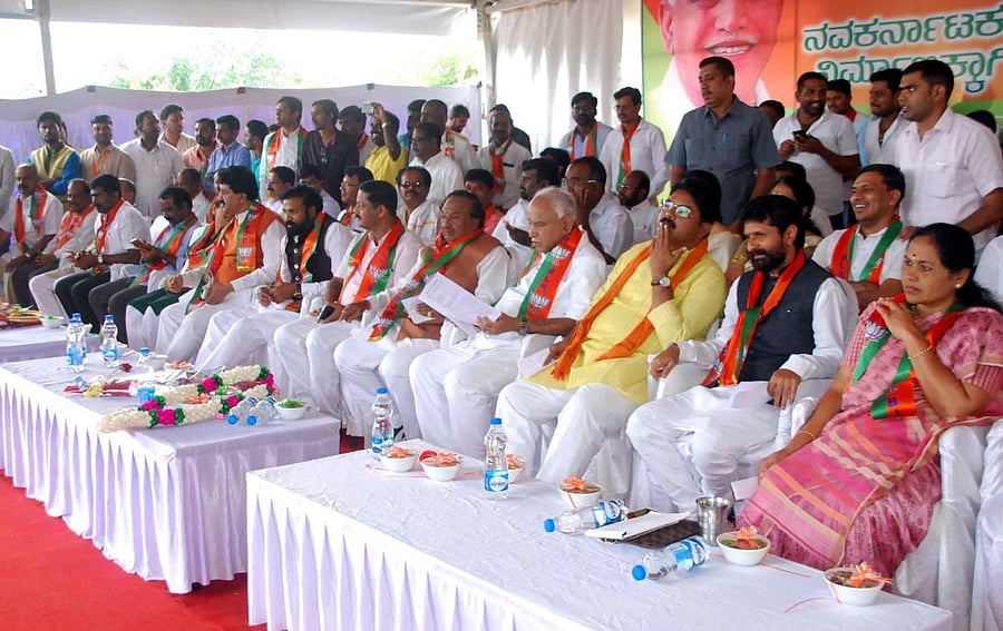 BJP leaders Shobha Karandlaje, C T Ravi, R Ashoka, B S Yeddyurappa, K S Eshwarappa, and Sriramulu during the programme.